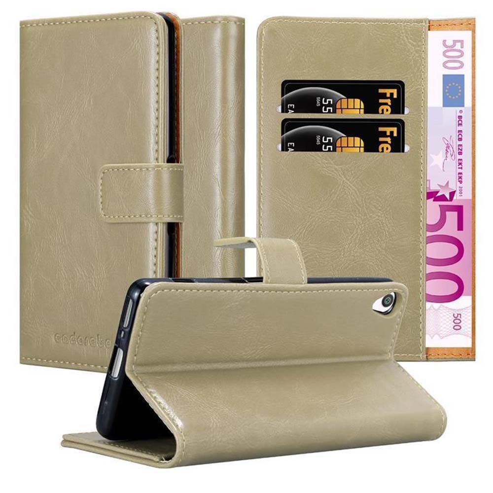 Funda de teléfono de cuero beige con ranuras para tarjetas y un billete de 500 euros. Vistas abierta, cerrada y en ángulo.