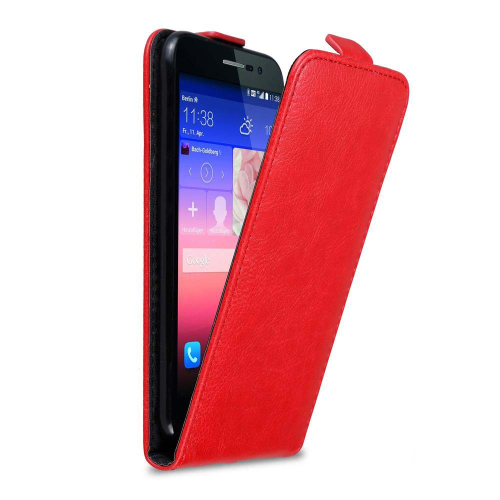 Eine rote Handyhülle mit einem Telefon darin, das die Uhrzeit anzeigt.