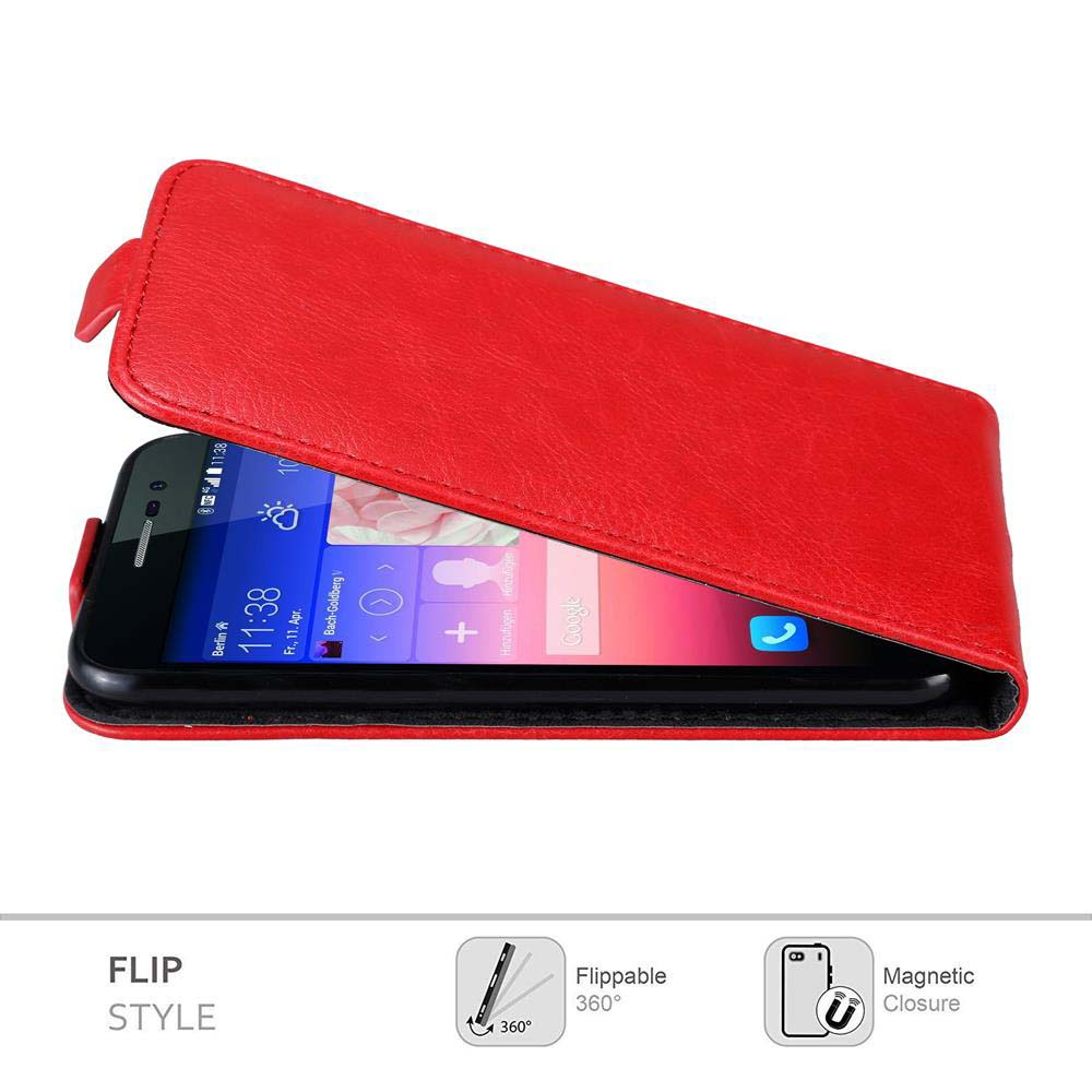 Rote Klapp-Handyhülle mit Telefon darin. Telefon-Display zeigt Zeit und Wetter-App.