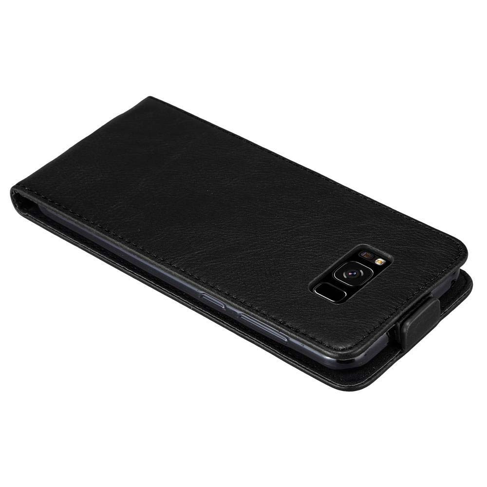 Eine schwarze Leder-Handyhülle mit Telefon. Die Hülle ist offen, zeigt das Telefon und seine Funktionen.