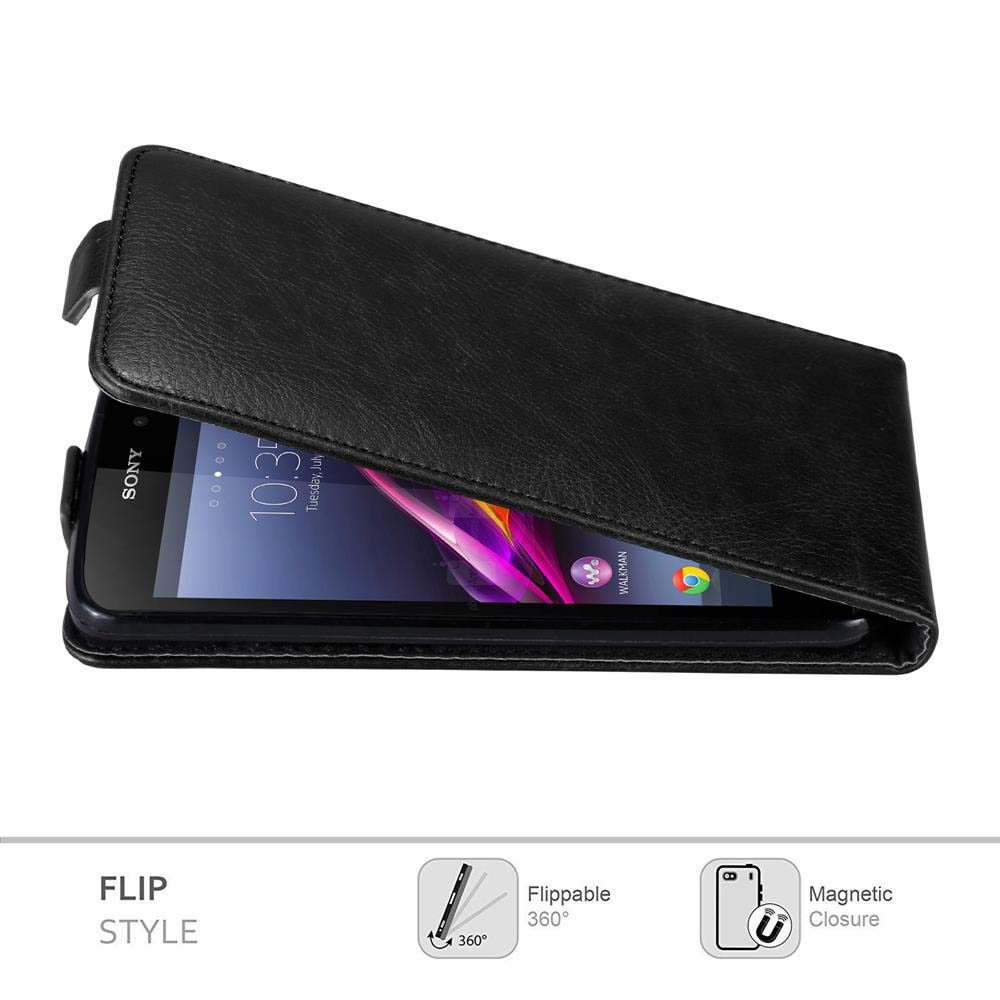 Schwarzes Telefon mit Klapphülle, zeigt Uhrzeit und Symbole auf dem Bildschirm.