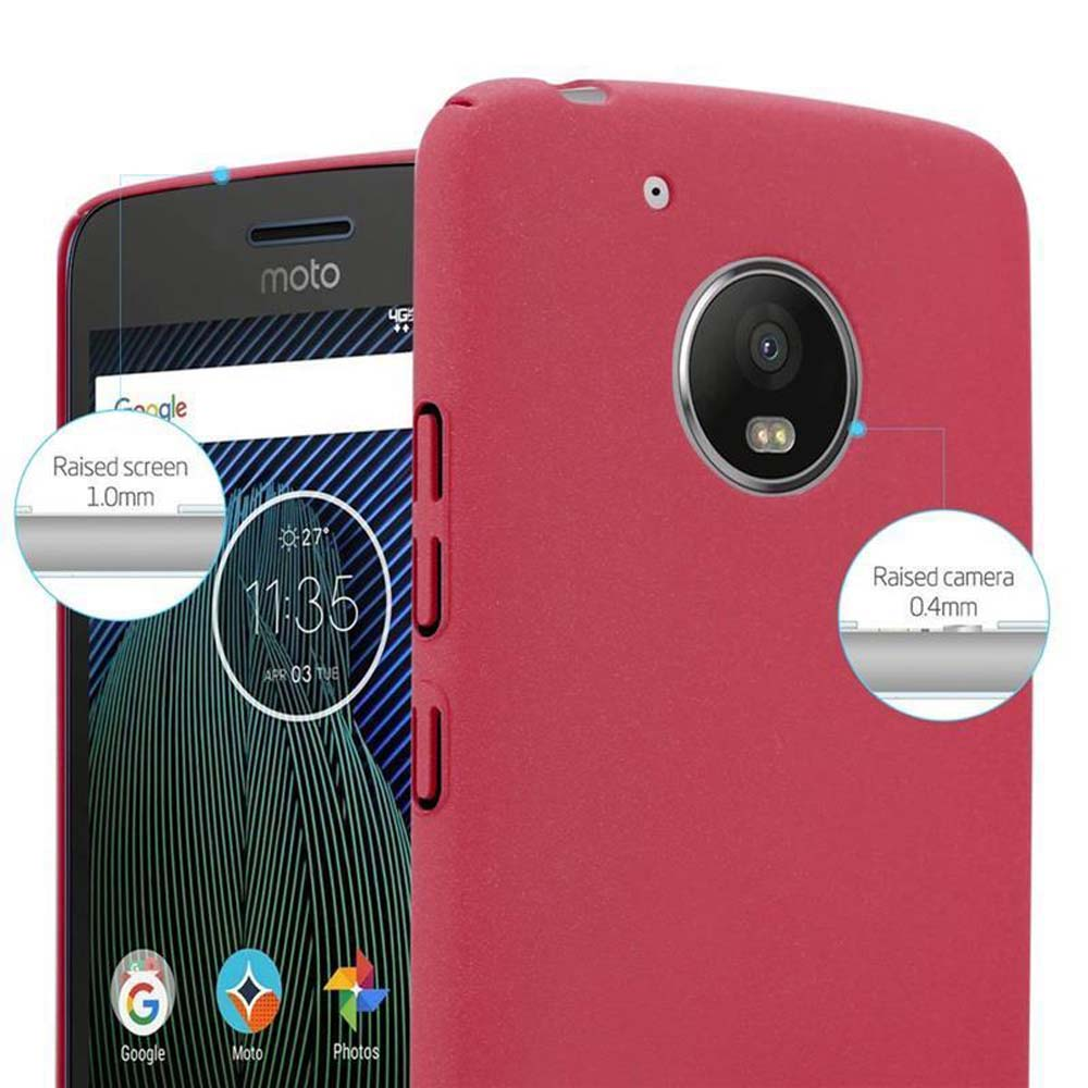 Custodia rossa su un telefono nero. Mostra schermo e fotocamera. Testo: Schermo rialzato, fotocamera.