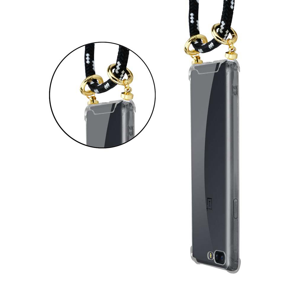 Ein Telefon in einer transparenten Hülle mit Umhängeband, Nahaufnahme eines Rings.
