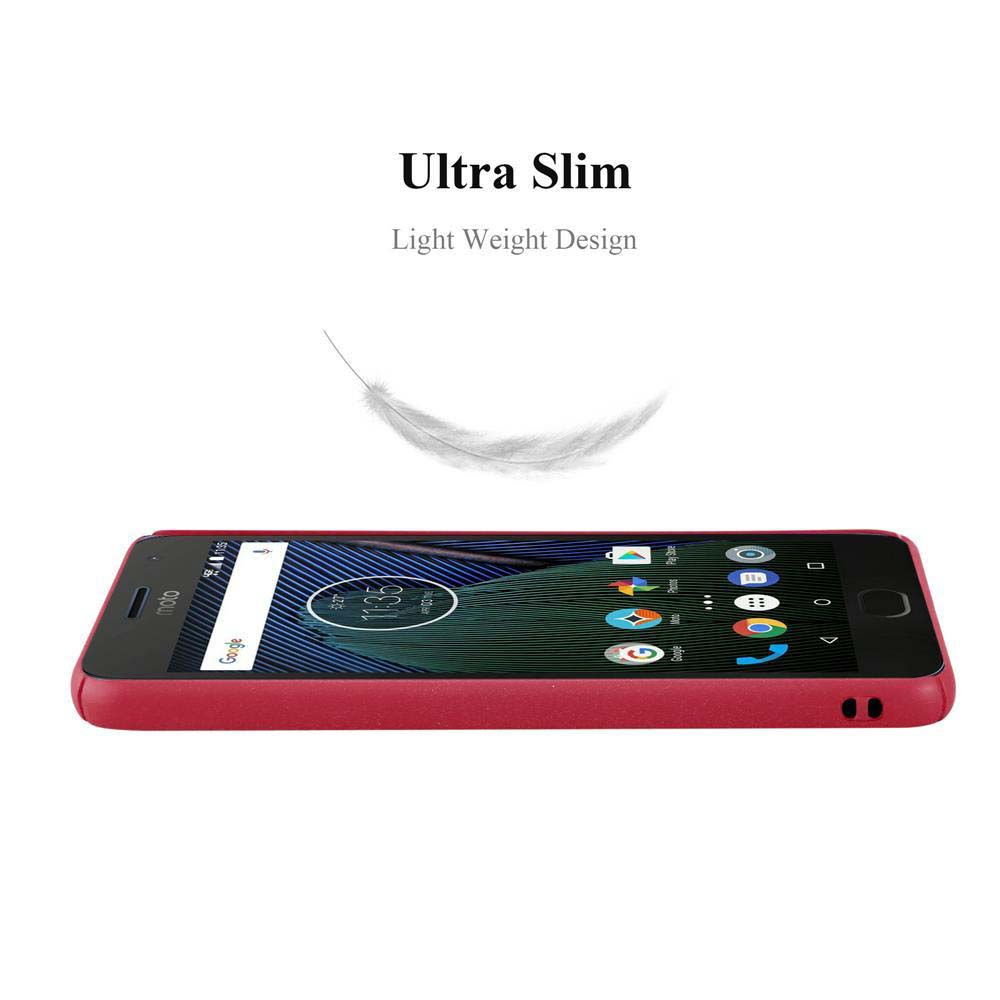 Custodia rossa con schermo del telefono con icone e grafica piuma.