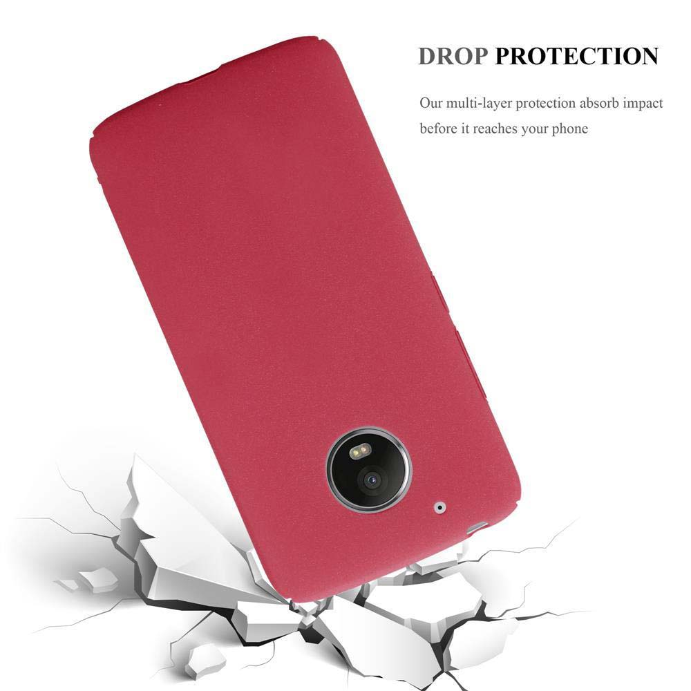 Custodia rossa per telefono su superficie bianca, con crepe sotto. Testo: Drop Protection, La nostra protezione.