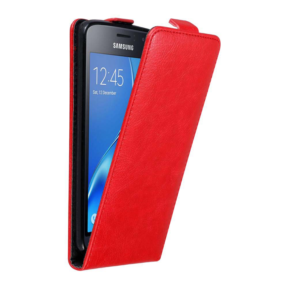 Una custodia rossa per telefono, aperta, che rivela un telefono che mostra le 12:45 del 12 dicembre. Il telefono è etichettato Samsung.