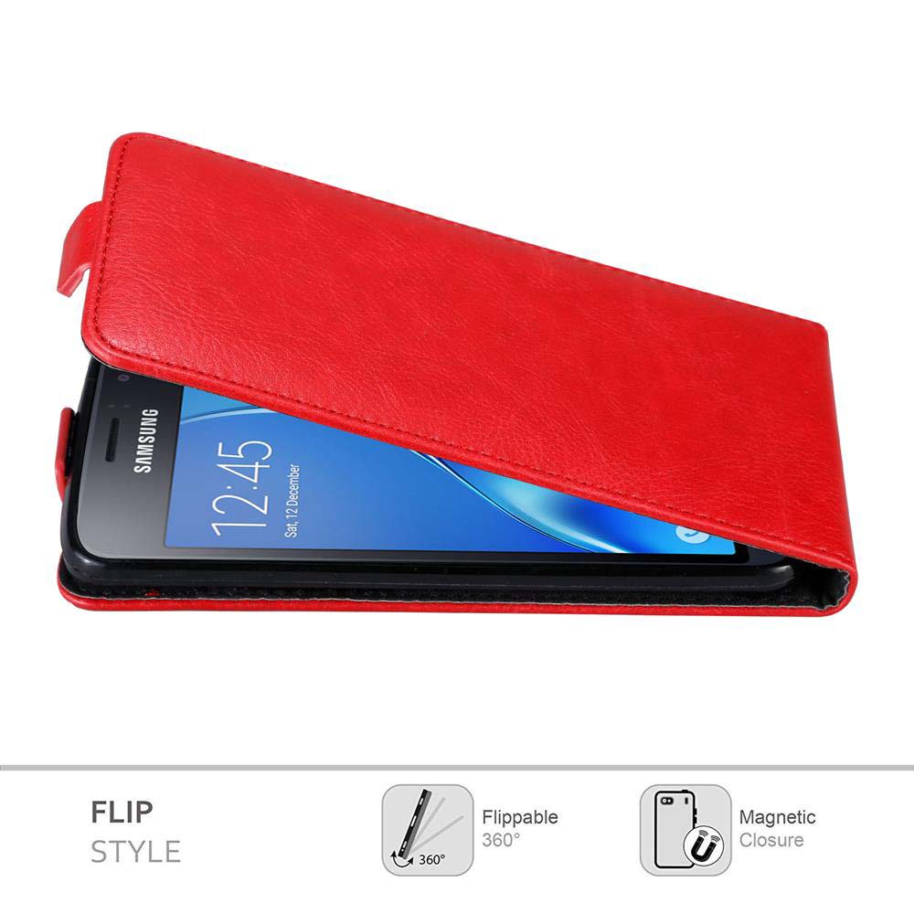 Un telefono all'interno di una custodia rossa. La custodia è aperta, mostrando il telefono. La custodia è a ribalta.