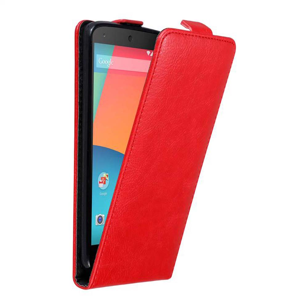 Custodia rossa per telefono, aperta. Il telefono è nero con uno schermo rosso e arancione.