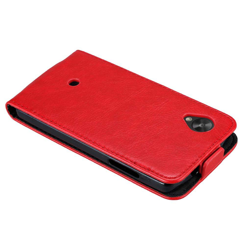 Custodia rossa con telefono dentro e che mostra l'interno della custodia.