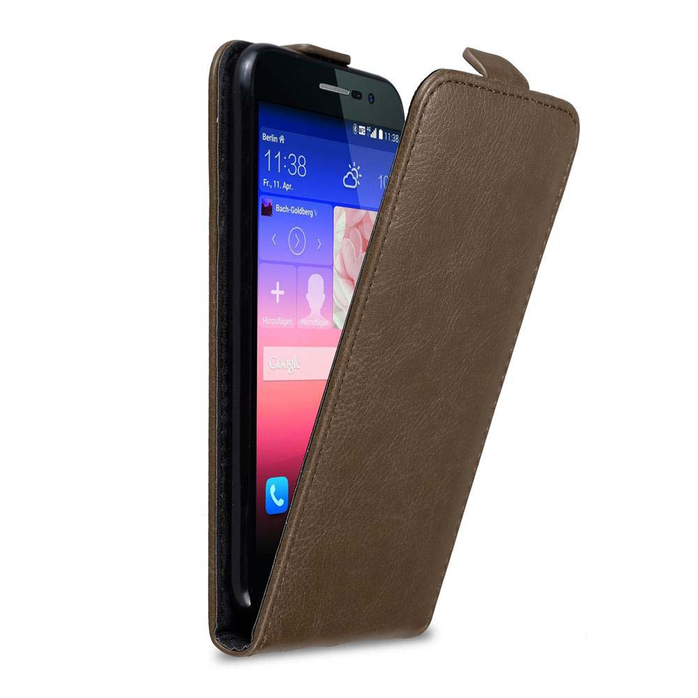 Braune Handyhülle mit Telefon, das den Startbildschirm zeigt.