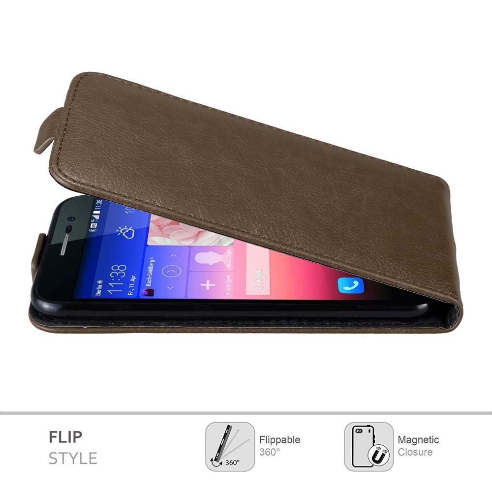 Braune Flip-Handyhülle geöffnet. Der Telefonbildschirm ist mit einer Wetter-App sichtbar. Weißer Hintergrund, Flip-Stil.