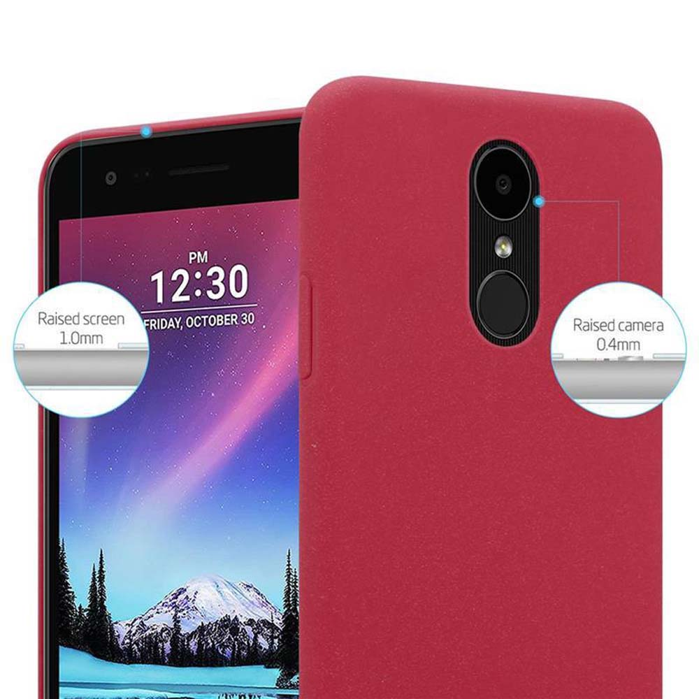 Un telefono rosso con lo schermo acceso e una custodia rossa. Testo: Schermo rialzato 1,0 mm e fotocamera rialzata 0,4 mm.
