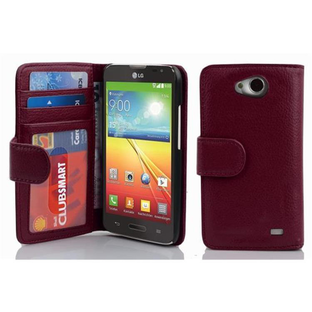 Custodia bordeaux aperta con telefono dentro, e portafoglio con carte. C'è una seconda custodia.