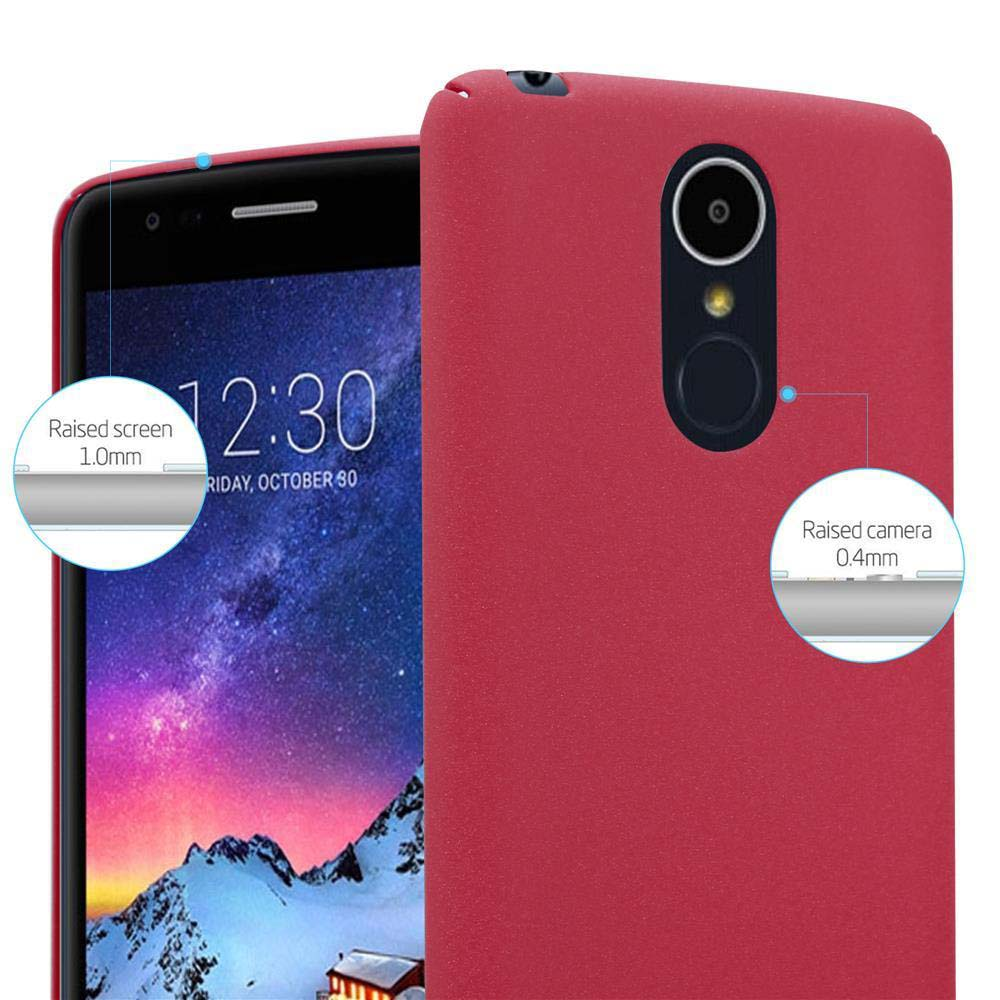 Rote Handyhülle, die ein Telefon bedeckt. Erhöhte Bildschirm- und Kamerabereiche sind eingekreist.