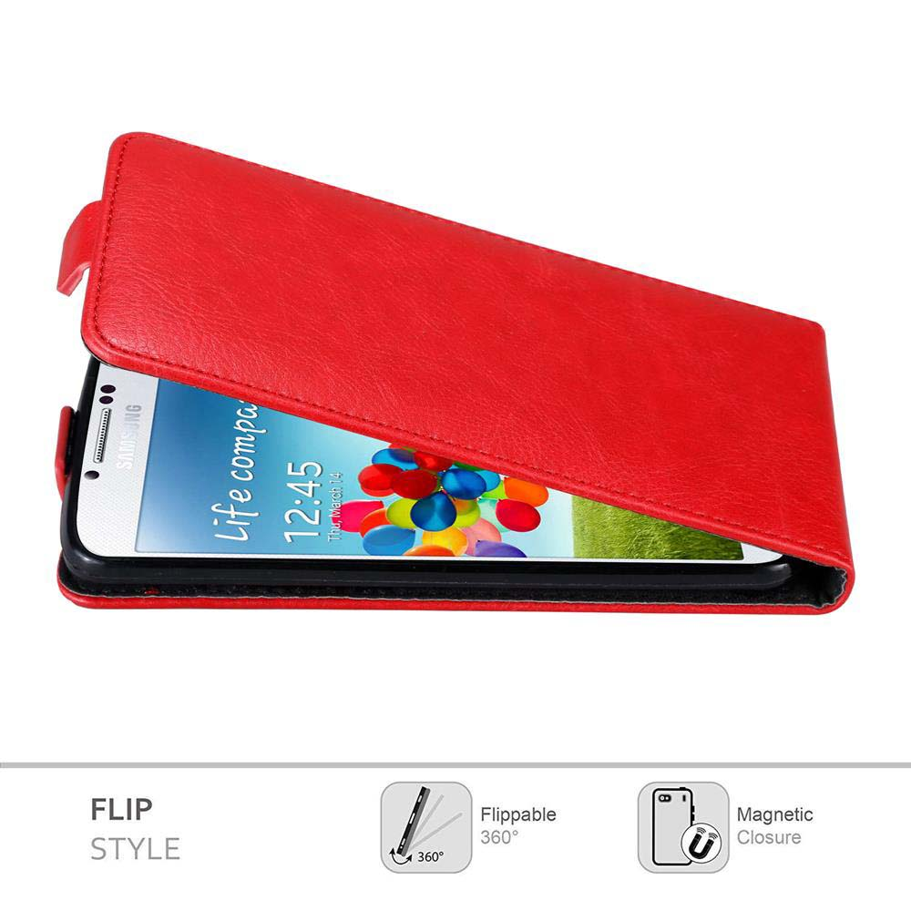Una custodia rossa aperta che mostra un telefono. Testo: 'Flip Style'. Sfondo bianco.