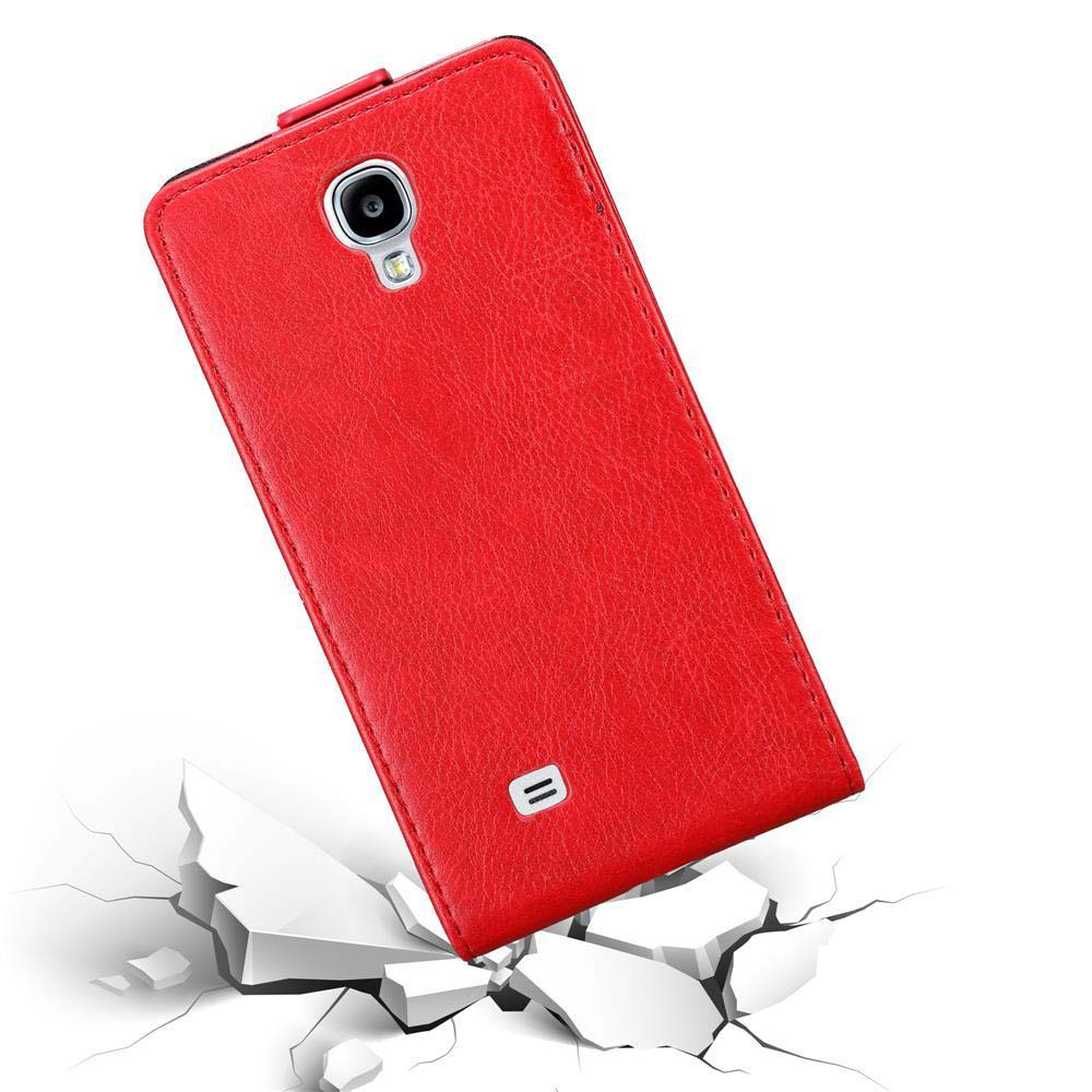 Una custodia per telefono in pelle rossa è aperta, mostrando un telefono. La custodia è angolata su un grafico di terreno incrinato.