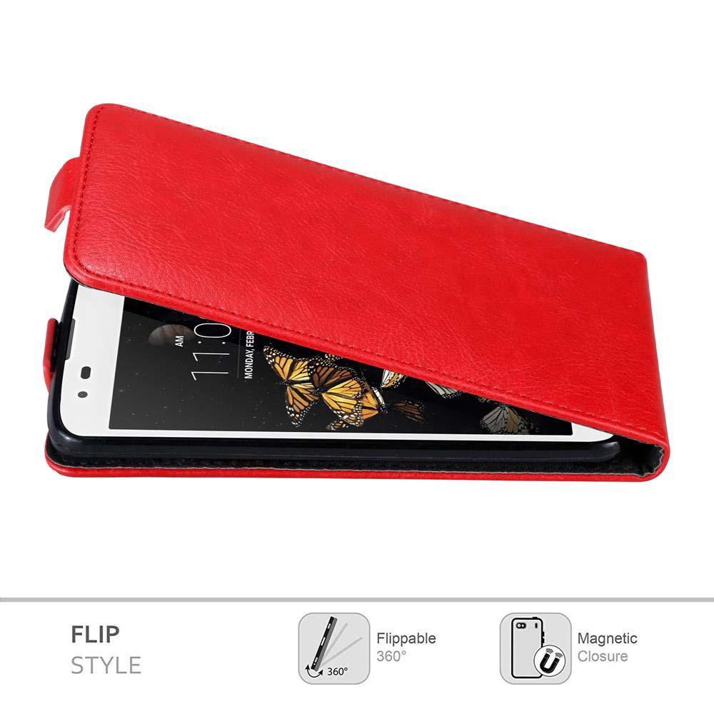 Rote Handyhülle offen, zeigt einen Telefonbildschirm mit einem Schmetterlingsbild. Die Hülle hat einen Magnetverschluss.