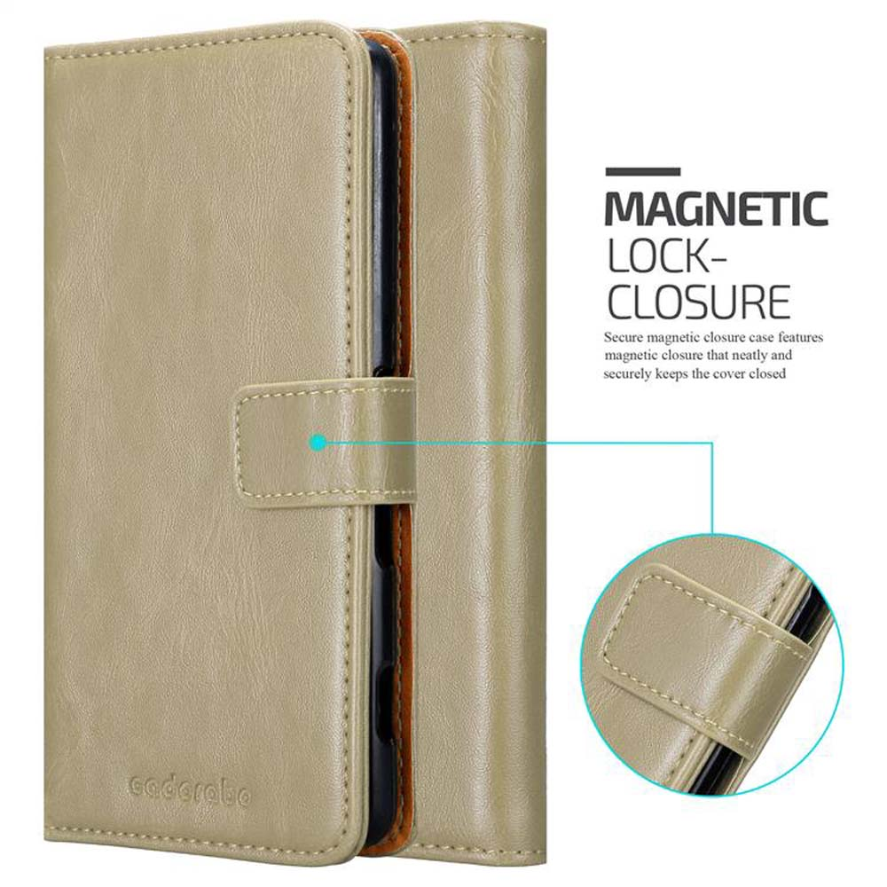 Custodia beige per telefono, chiusa e aperta, con chiusura magnetica e testo.