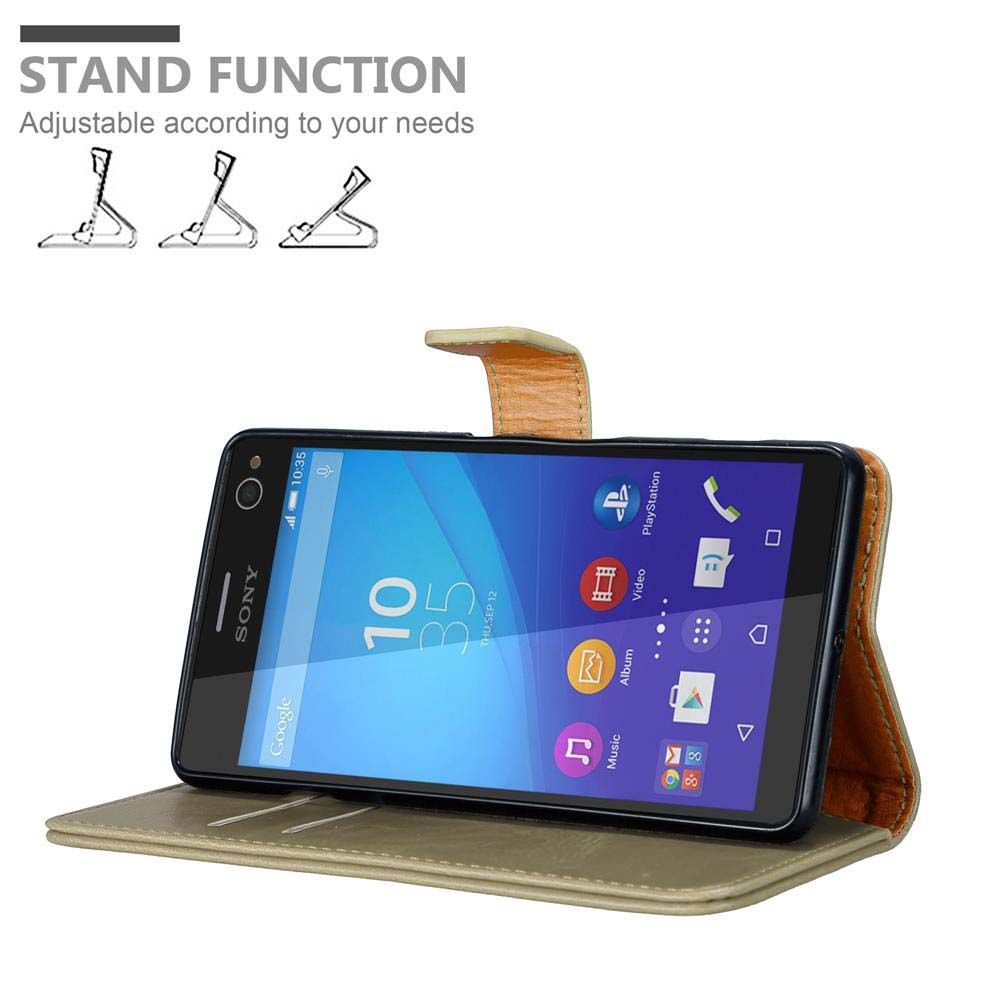 Telefono in una custodia, puntellato per la visualizzazione. Testo: Funzione supporto, regolabile.