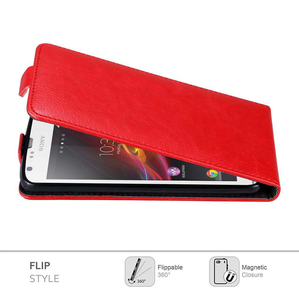 Una custodia a libro rossa con un telefono Sony all'interno. Il testo indica lo stile a libro e la chiusura magnetica.