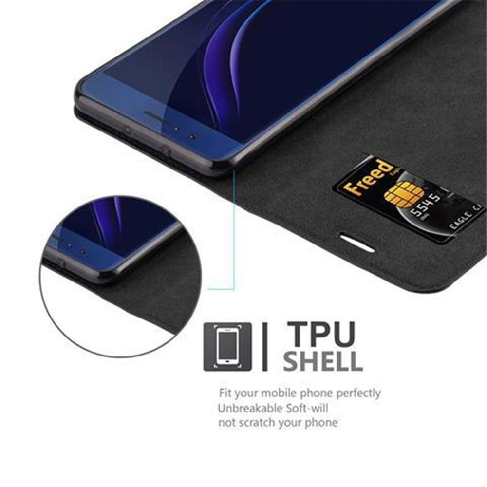 Telefono in custodia nera, con carta di credito. Testo: 'TPU Shell'. Il telefono è angolato.