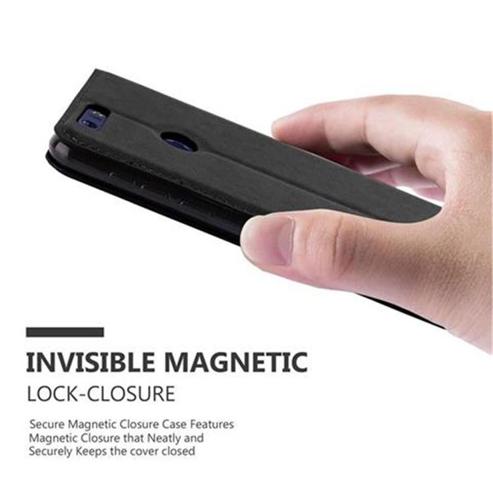 Custodia nera per telefono, il telefono è all'interno. Testo: 'INVISIBLE MAGNETIC LOCK-CLOSURE'.
