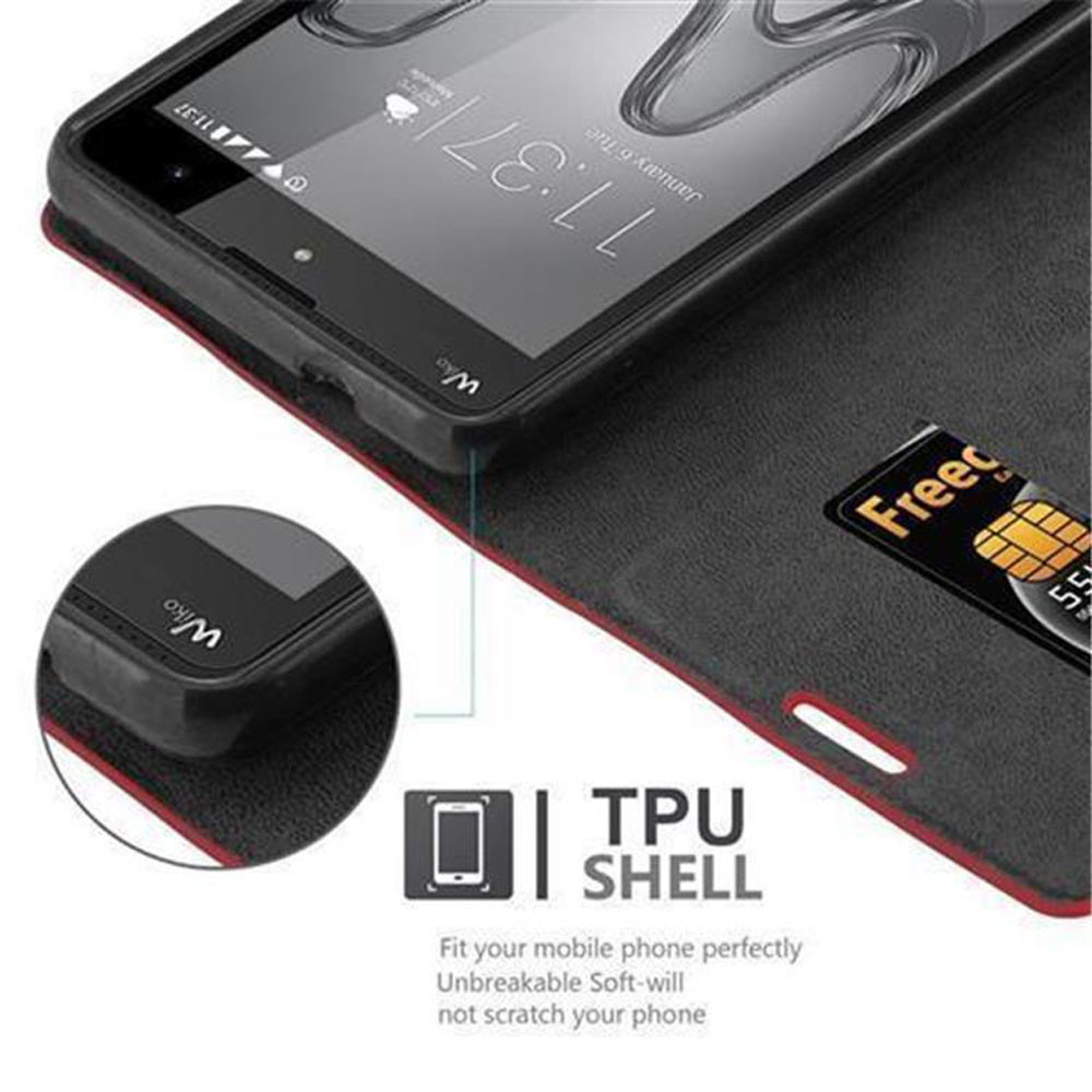 Telefono nero in custodia nera e rossa, con fessura per carte.