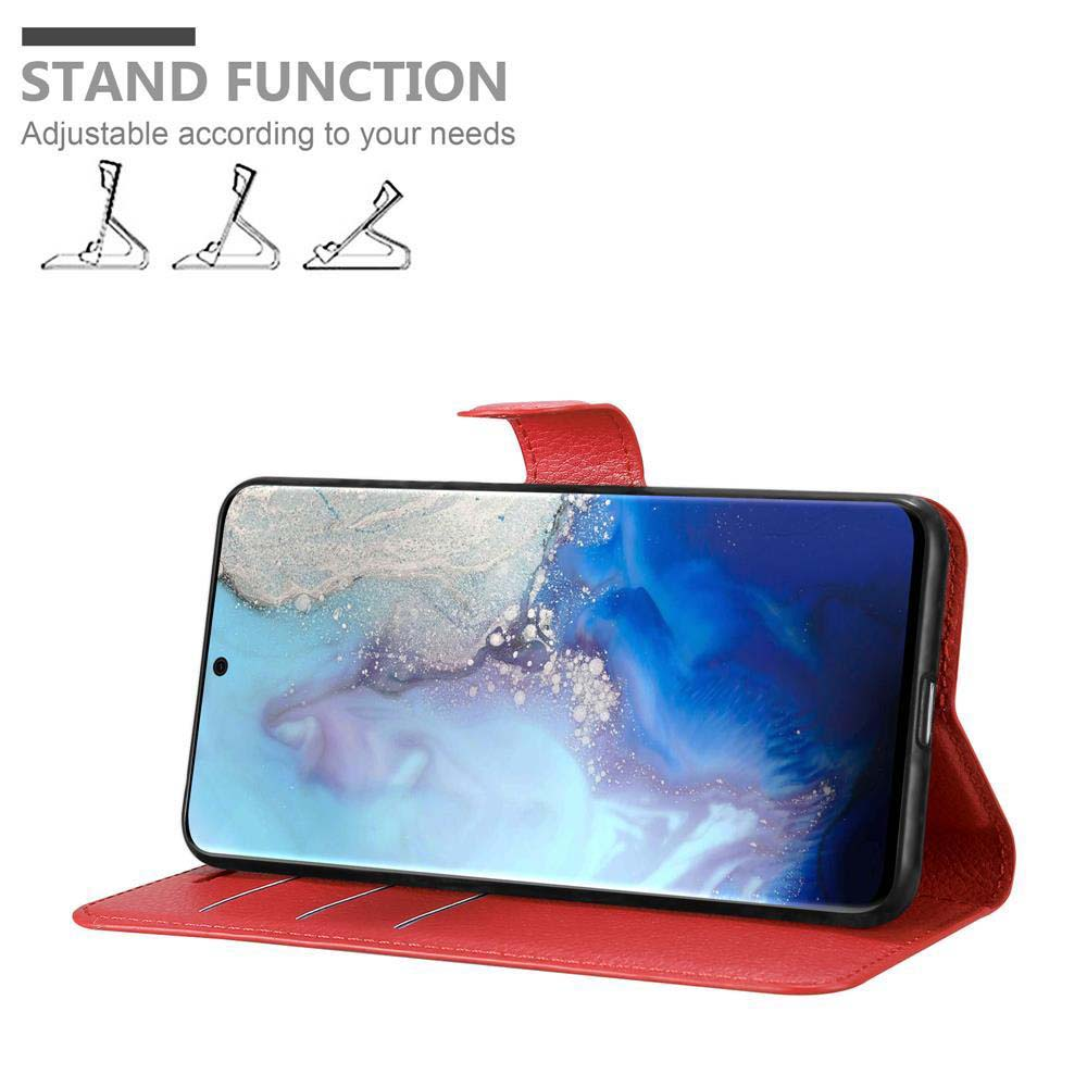 Rote Handyhülle mit Telefon, offen als Ständer. Das Telefon zeigt seinen Bildschirm.