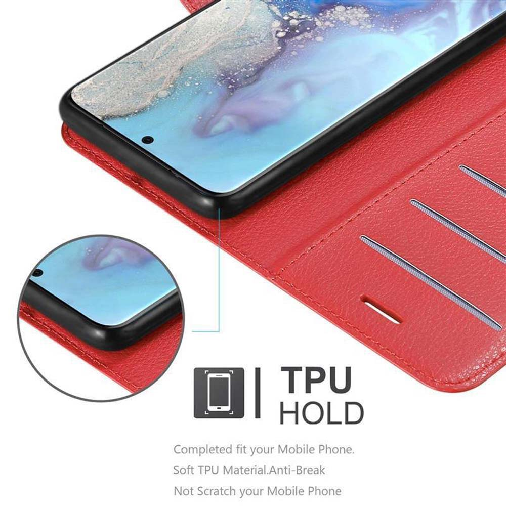 Rote Handyhülle mit einem Handy darin. Der Text auf der Hülle lautet TPU HOLD.