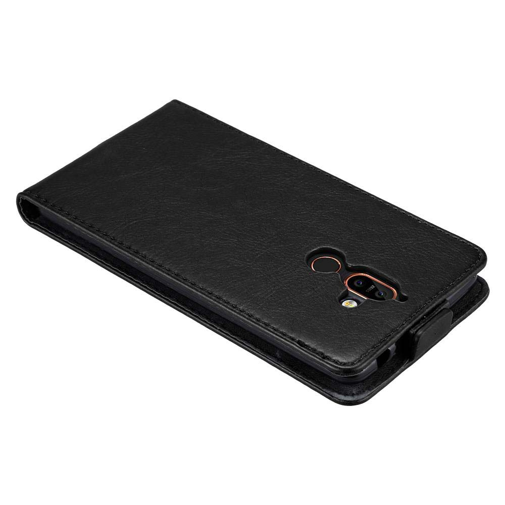 Custodia nera per telefono, aperta, che rivela un telefono con la fotocamera visibile.