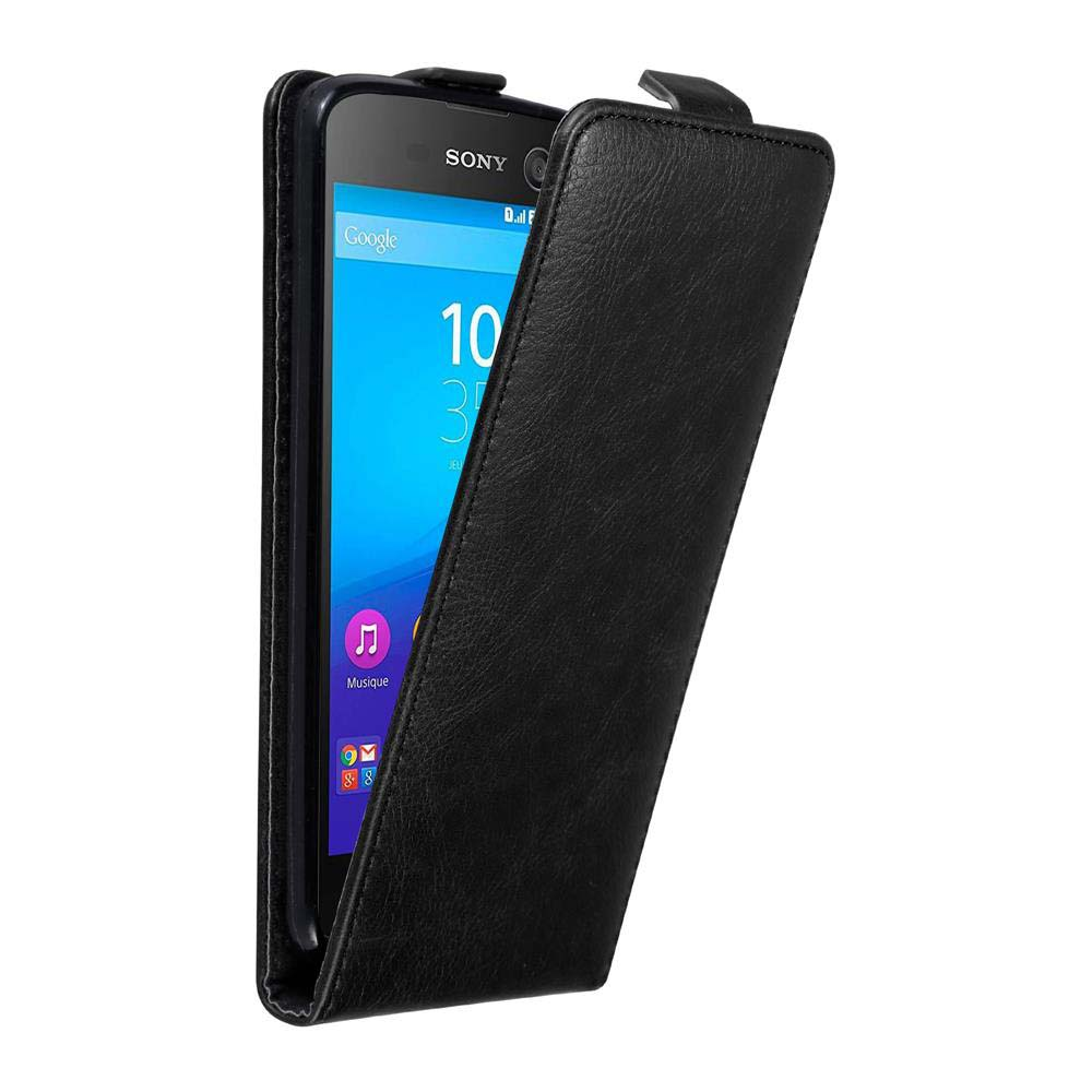 Funda de teléfono negra abierta, mostrando un teléfono con la hora y la barra de búsqueda de Google.