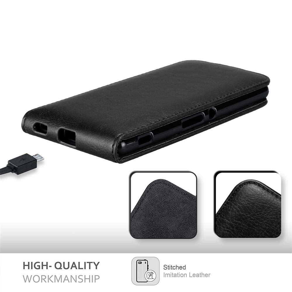 Funda de teléfono negra, cable USB y primeros planos de muestras de material.