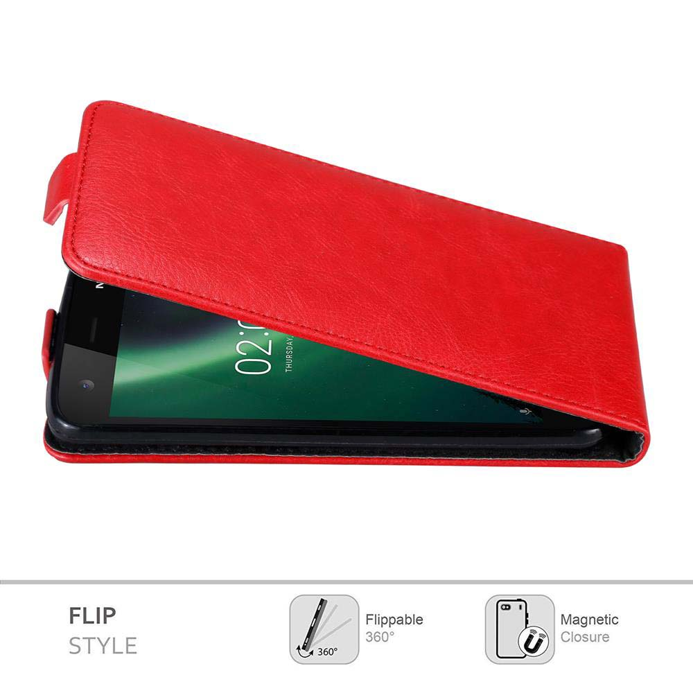 Ein rotes Telefon in einer geöffneten roten Leder-Klapphülle mit Flip-Style-Etiketten.