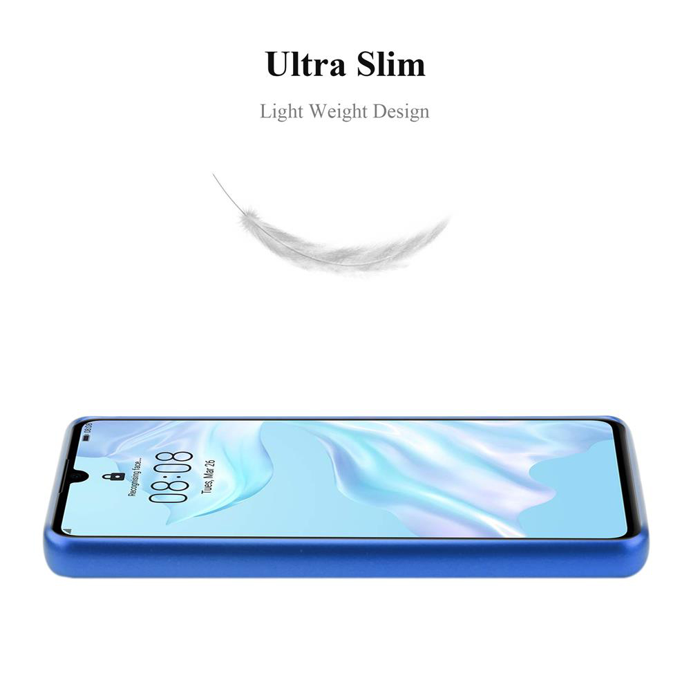 Blaues Telefon in einer blauen Hülle mit Feder. Text: Ultra Slim, Leichtes Design.