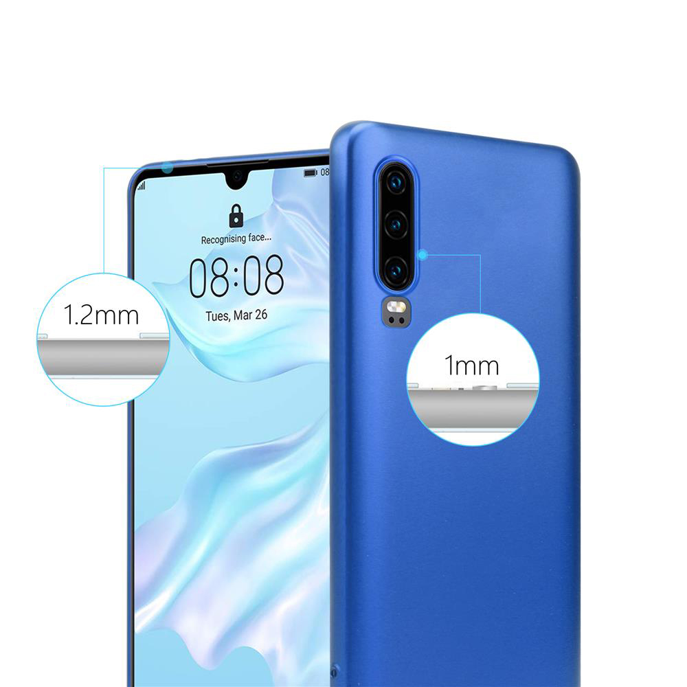 Blaue Handyhülle auf einem Smartphone. Der Bildschirm zeigt die Uhrzeit und ein Schlosssymbol.