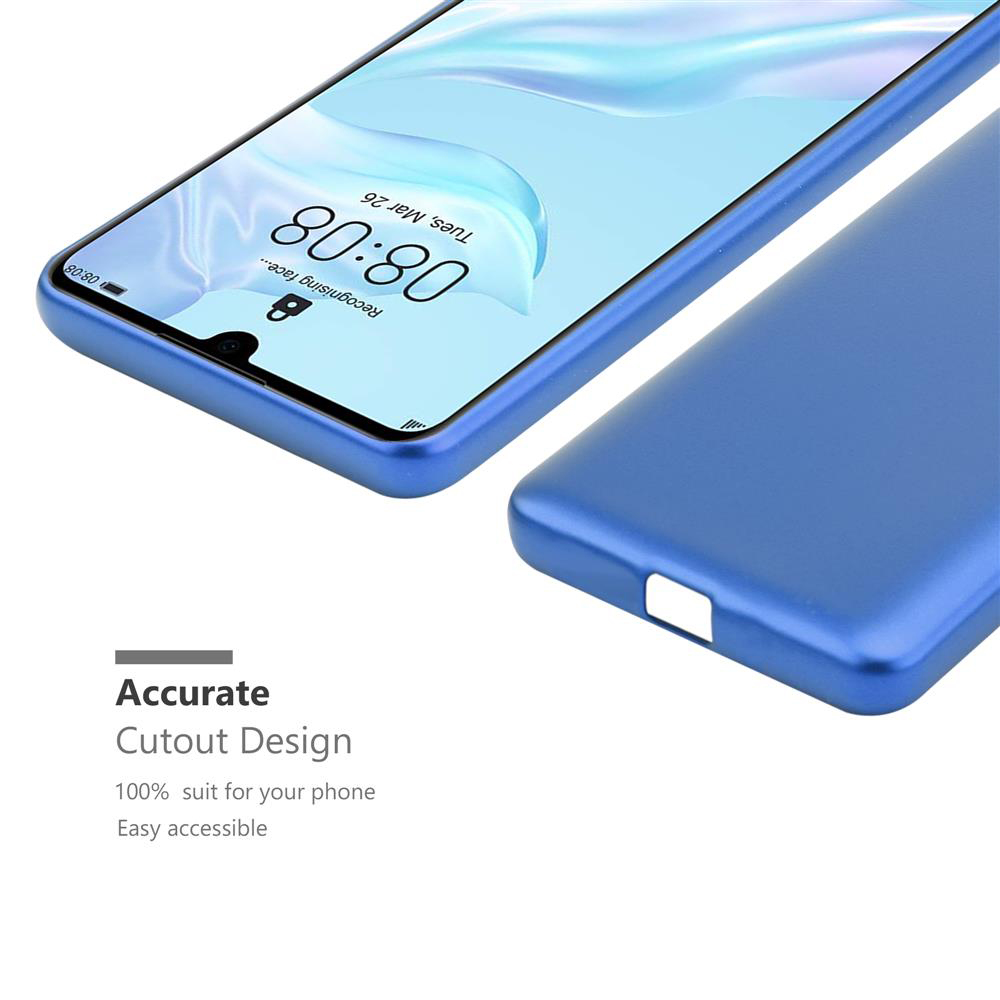 Blaues Telefon mit Hülle. Der Bildschirm zeigt die Uhrzeit an. Text: Genaues Ausschnittdesign, 100% passend für Ihr Telefon.