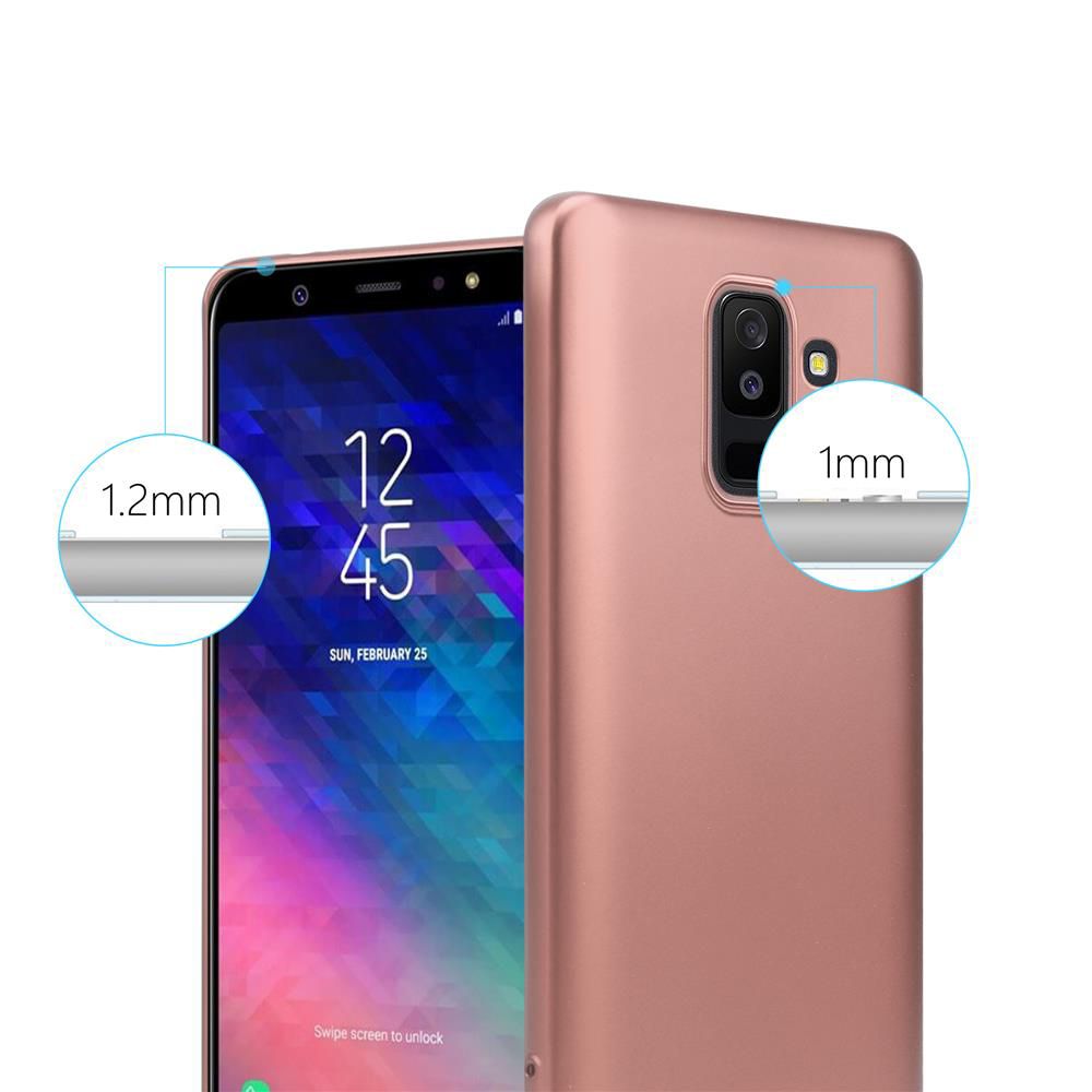 Custodia rosa per telefono con telefono all'interno. Schermo del telefono che mostra l'ora. Vista laterale mostra spessore.
