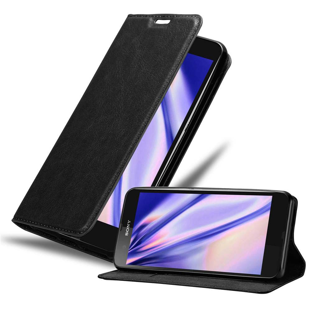 Una funda de cuero negro para teléfono, abierta para mostrar un teléfono con una pantalla.