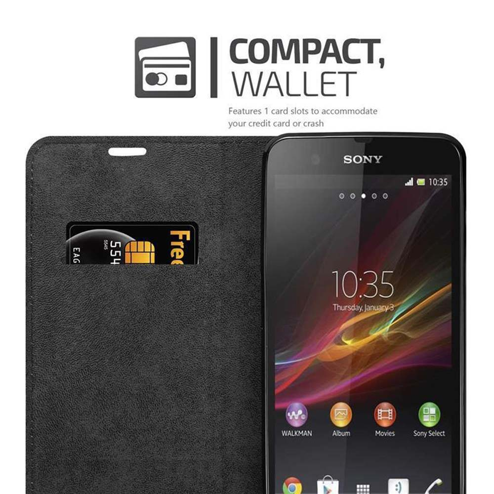 Funda negra para teléfono con diseño de cartera. Se ve una tarjeta de crédito. Hay un teléfono Sony a la derecha.