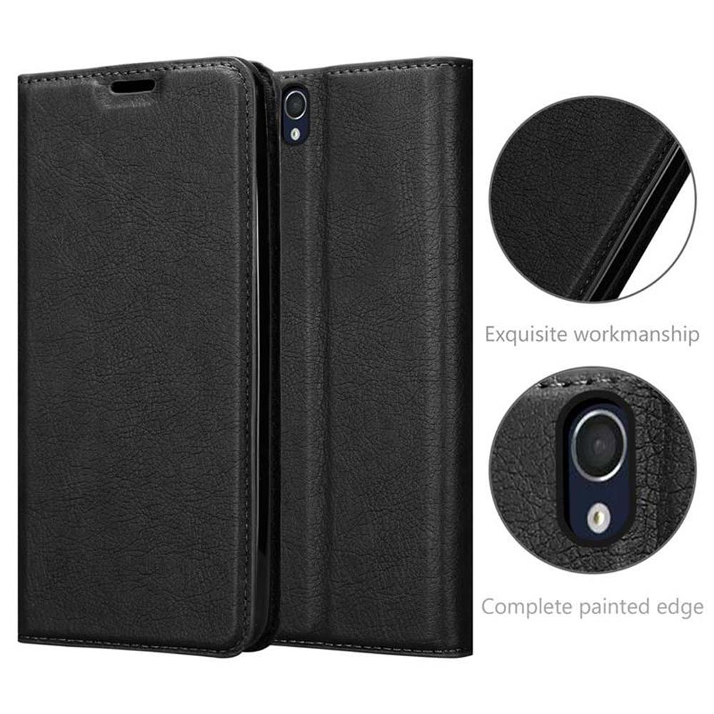 Funda negra abierta. Muestra un teléfono dentro y detalles de costuras.
