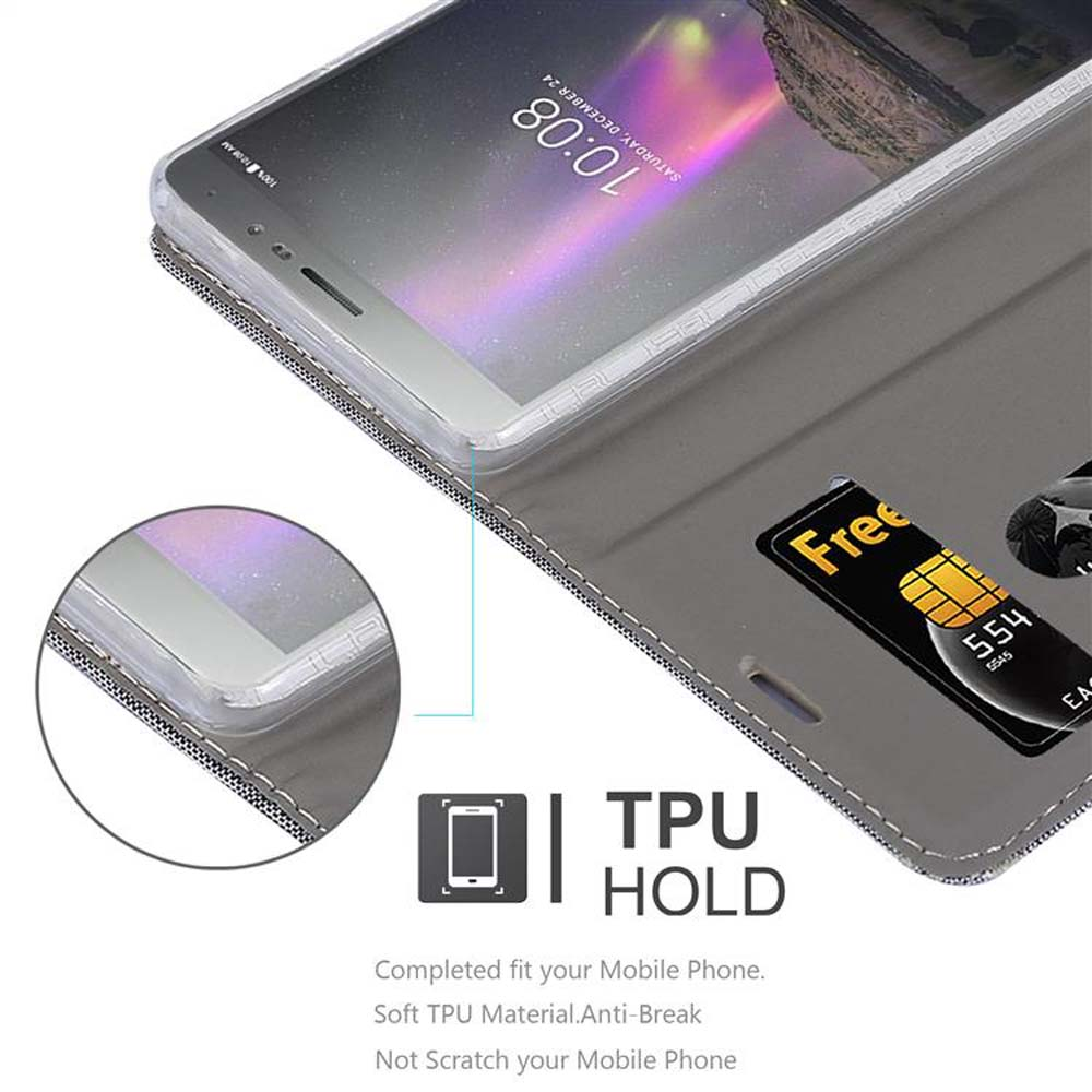 Custodia aperta con telefono dentro. Mostra carta di credito. Testo: TPU HOLD, vestibilità perfetta.