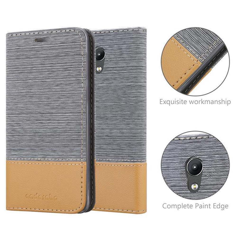 Custodia per telefono, tessuto grigio con pelle marrone. Dettagli: lavorazione squisita, bordo vernice completo.
