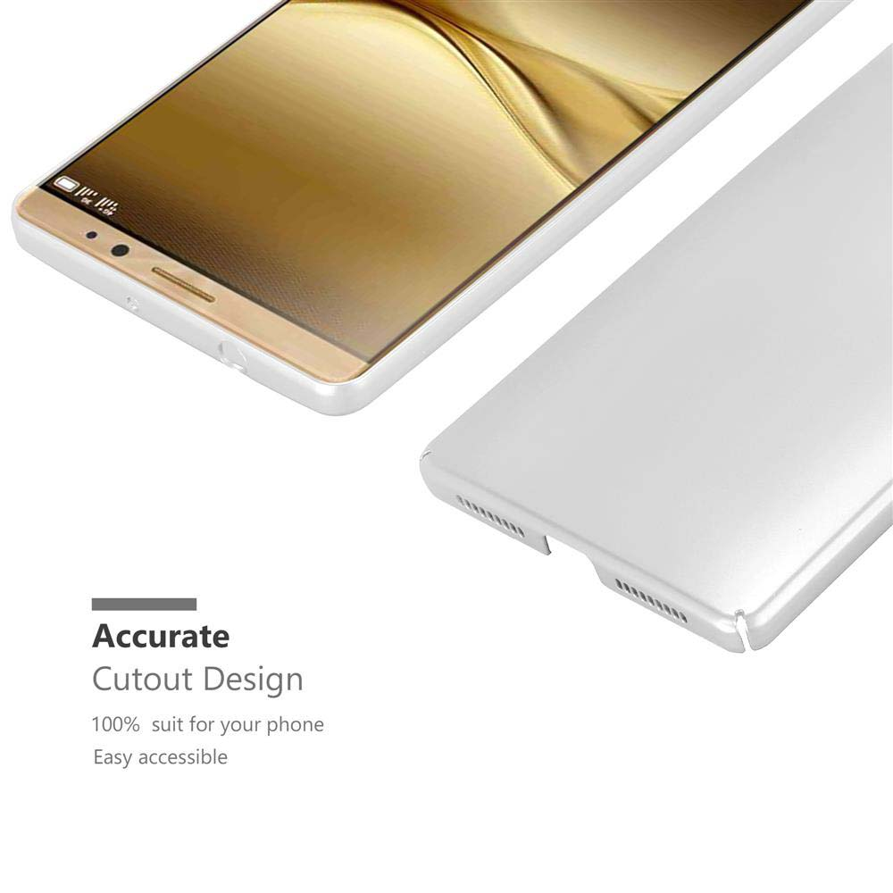 Se muestran un teléfono y una funda. El teléfono es dorado, la funda es blanca. El texto promueve un diseño preciso.