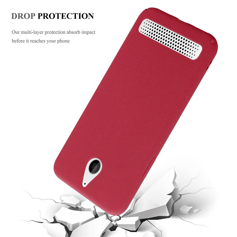 Un étui de téléphone rouge sur des blocs blancs cassés. Texte: PROTECTION CONTRE LES CHUTES.
