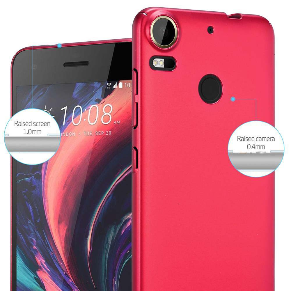 Una custodia rossa per telefono con un telefono all'interno. La custodia evidenzia lo schermo rialzato e le funzioni della fotocamera.