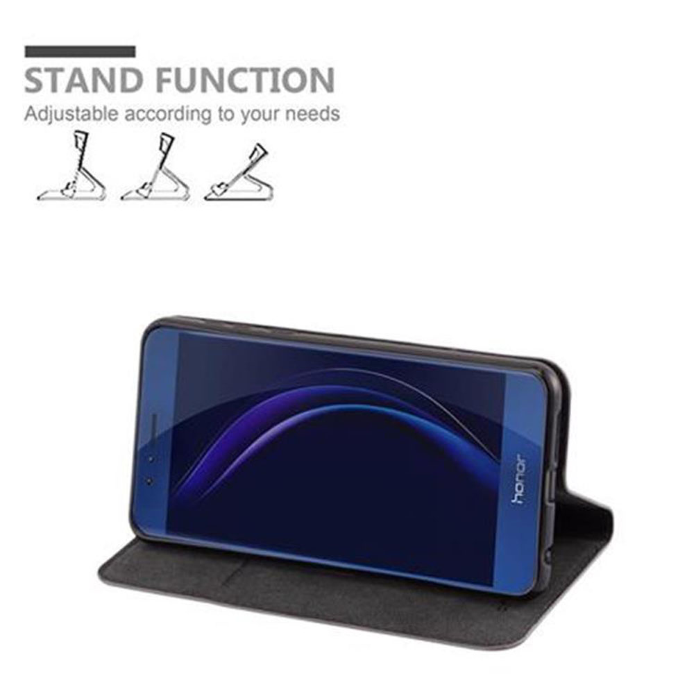Un telefono in una custodia, aperto per mostrare lo schermo. Testo: FUNZIONE STAND.