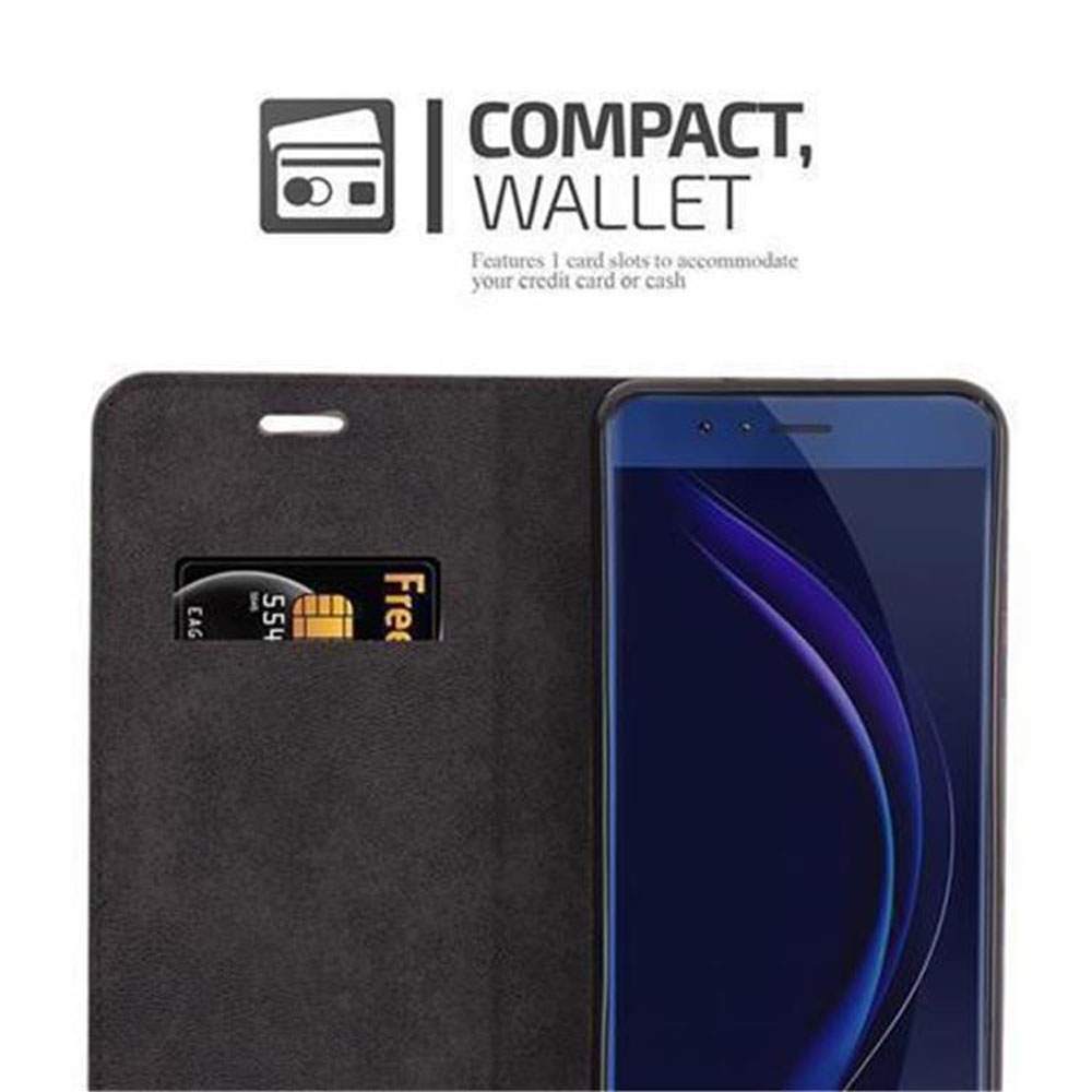 Viene mostrata una custodia per telefono con fessura per carte aperta, con una carta all'interno, accanto a un telefono.