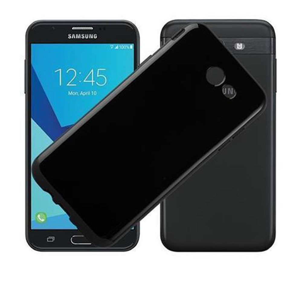 Telefono Samsung nero con custodia nera. Lo schermo mostra l'ora e la data.