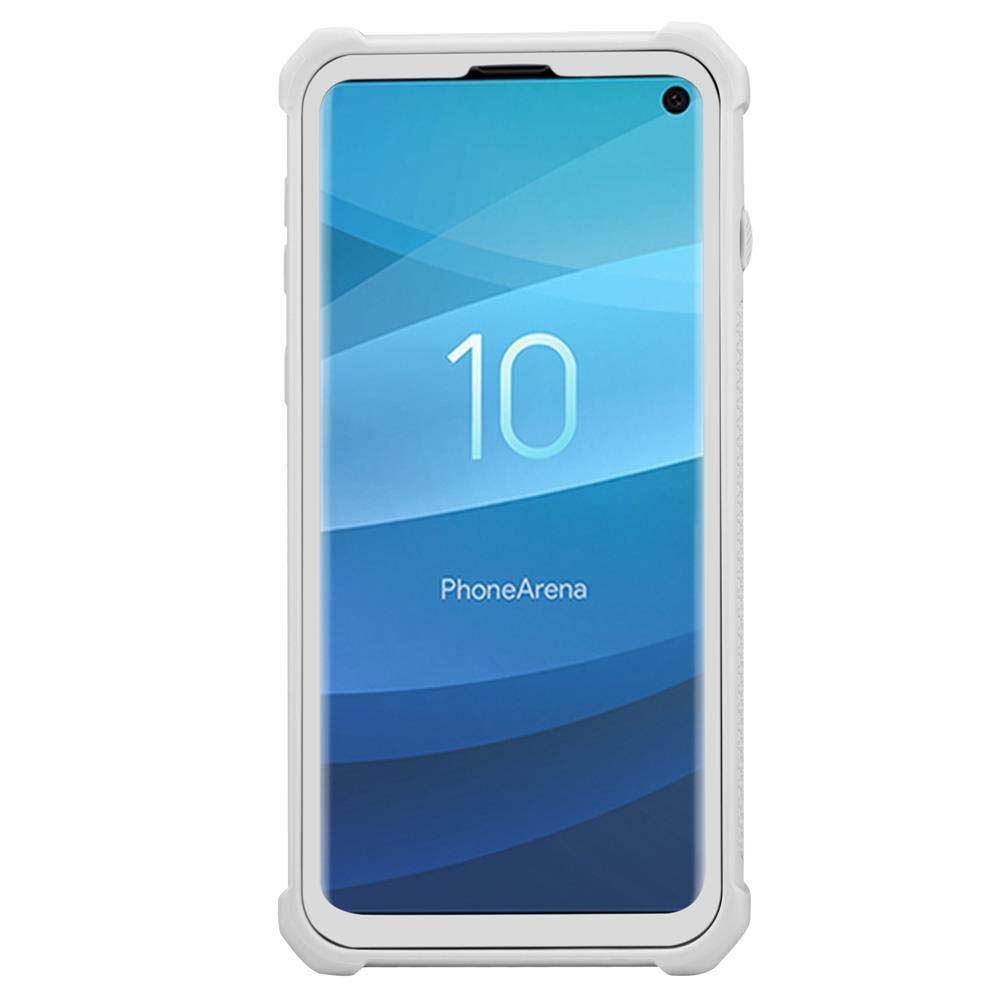 Custodia bianca per telefono con un telefono all'interno. Il telefono ha il logo PhoneArena sullo schermo.
