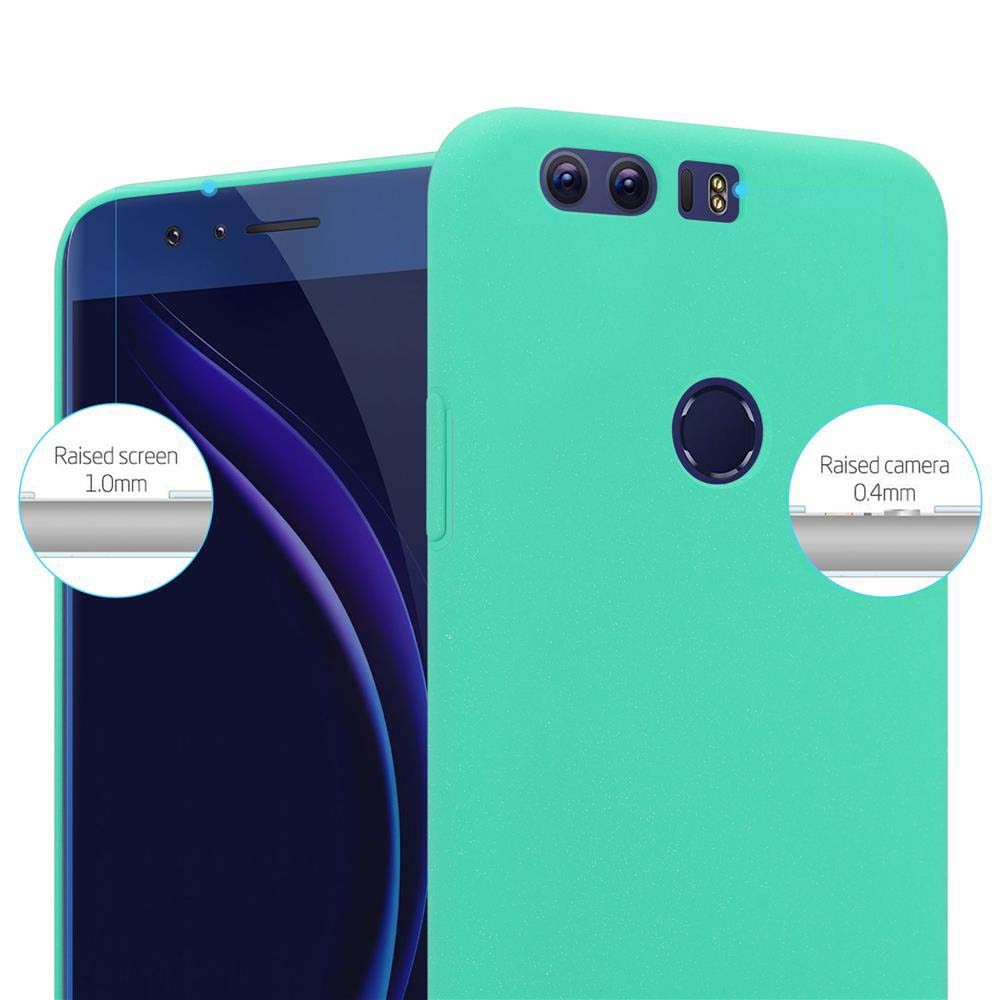 Eine tealfarbene Handyhülle, die ein Telefon mit einem um 1,0 mm erhöhten Bildschirm und einer um 0,4 mm erhöhten Kamera zeigt.